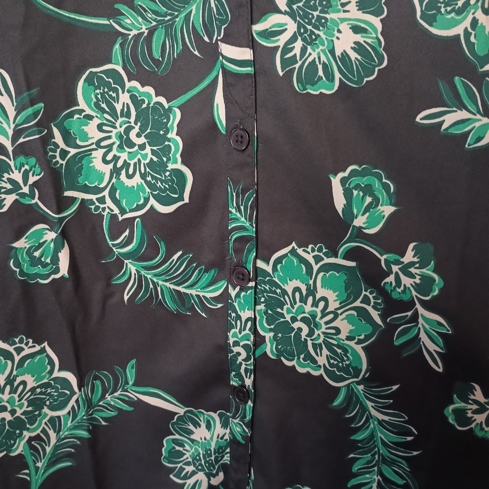 Catherines 3X Button Front Blouse Top Kelly Green Floral Satin Peasant - Picture 6 of 13